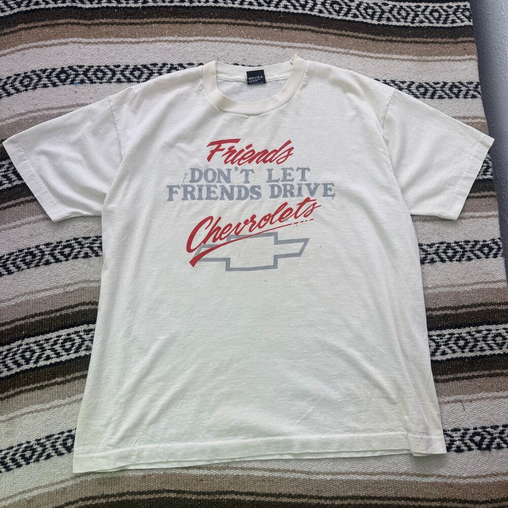 Vintage 90's Friends Don't Let Friends Drive Chevrolets Funny Car White Shirt XL